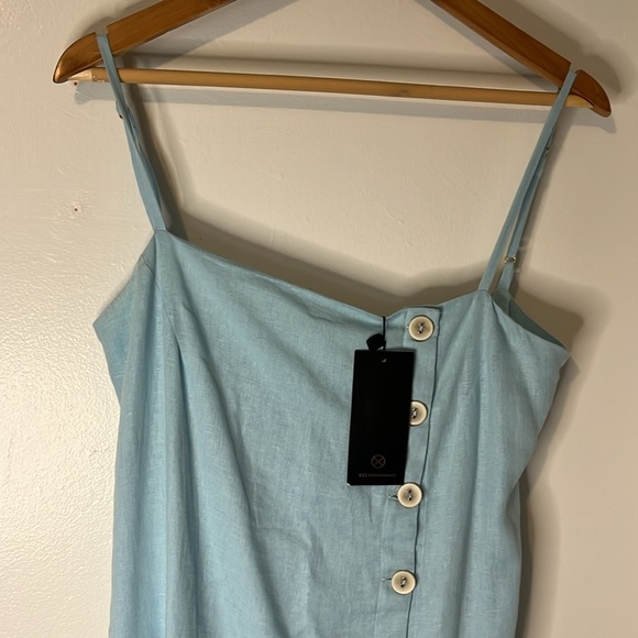 NWT VIX Paula Hermanny Linen Blend Spaghetti Strap Sky Blue Button Up Dress Sz M - Picture 2 of 10